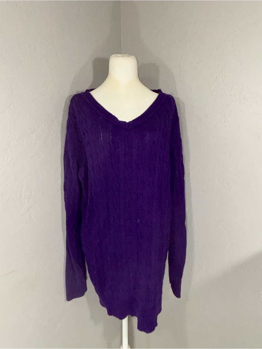 Woman Within Purple V-Neck Cable Knit Sweater